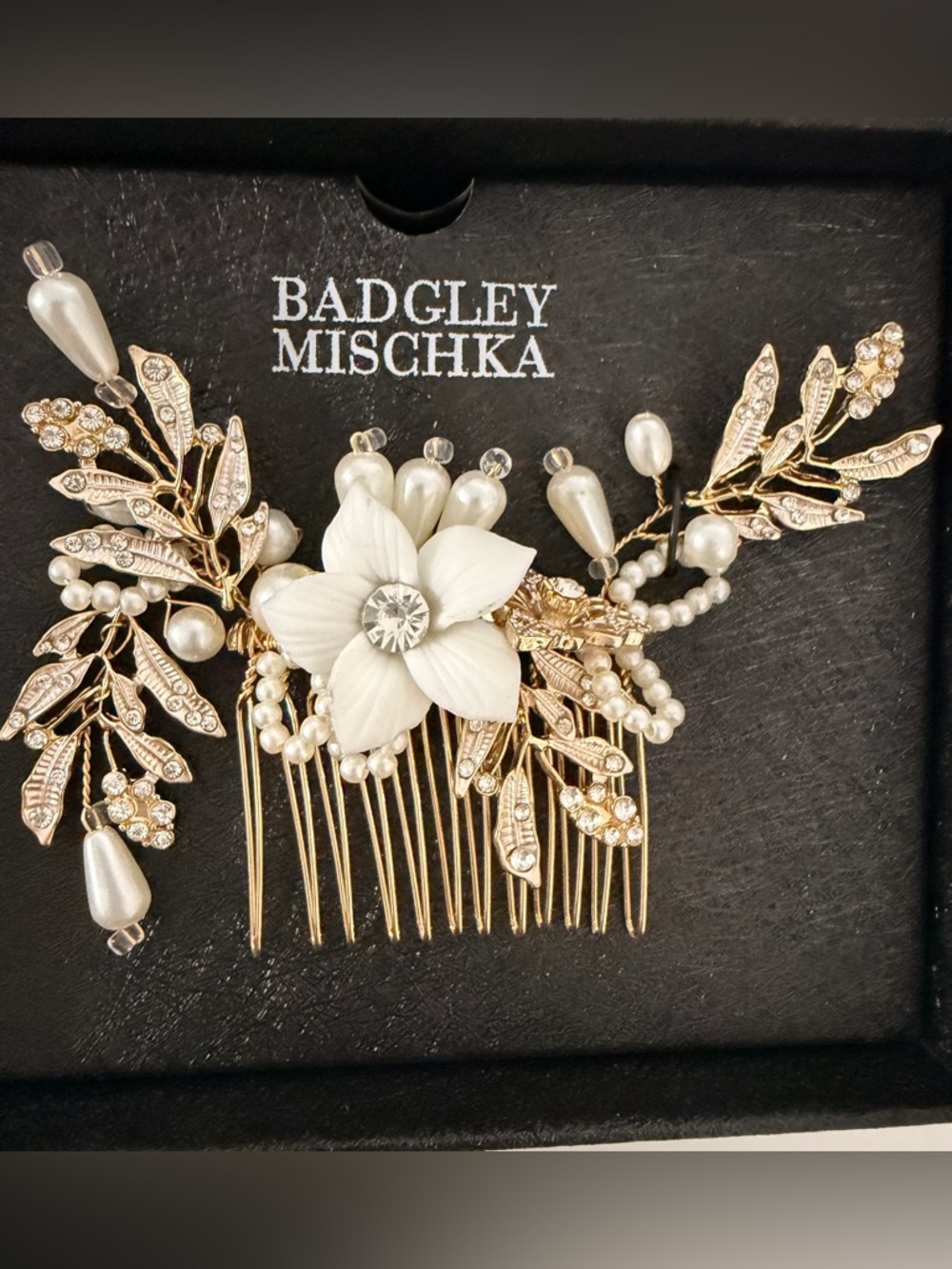 Badgley Mischka Gold and White Floral Pearl Hair Piece
